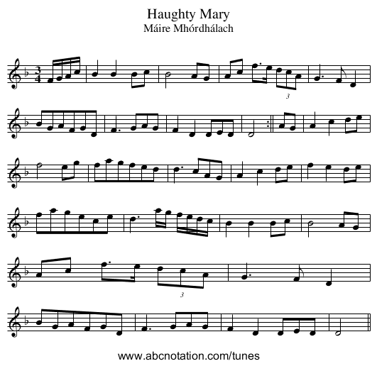 Haughty Mary - staff notation