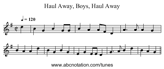 Haul Away, Boys, Haul Away - staff notation