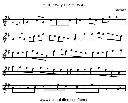 Haul away the Hawser - staff notation