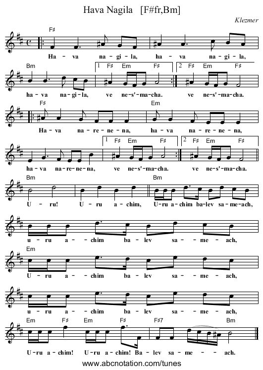 Hava Nagila   [F#fr,Bm] - staff notation