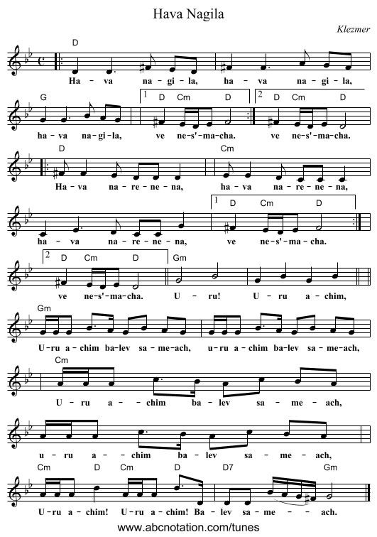 Hava Nagila - staff notation