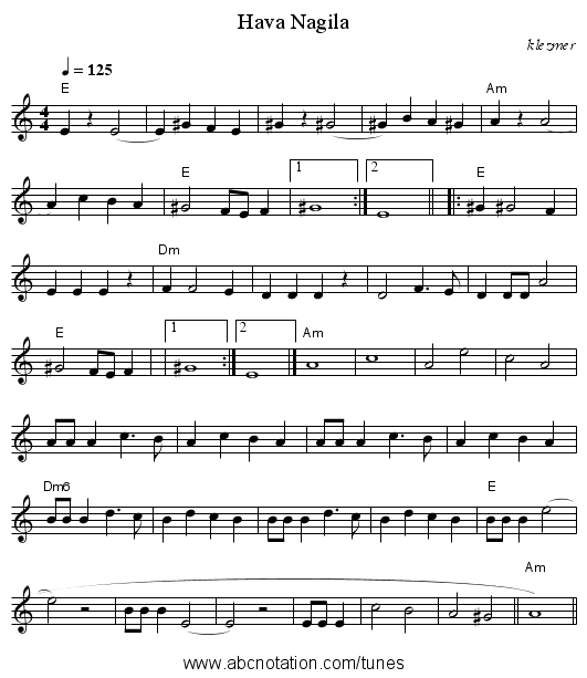 Hava Nagila - staff notation