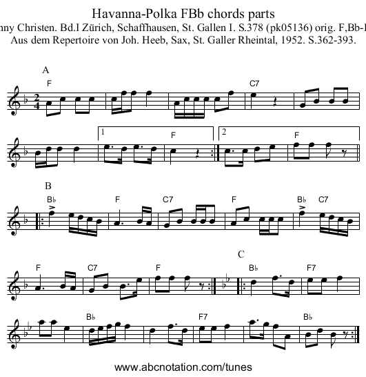 Havanna-Polka FBb chords parts - staff notation