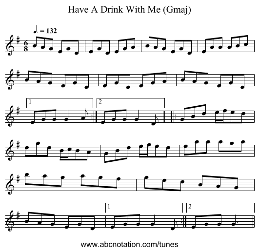 Have A Drink With Me (Gmaj) - staff notation