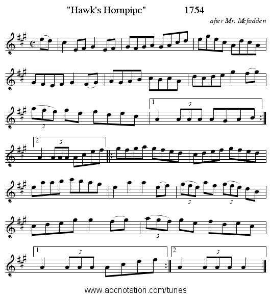 Hawk's Hornpipe               1754 - staff notation