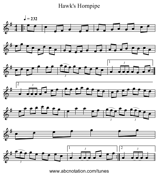 Hawk's Hornpipe - staff notation