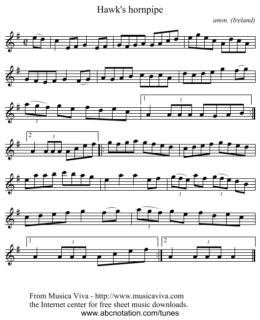 Hawk's hornpipe - staff notation