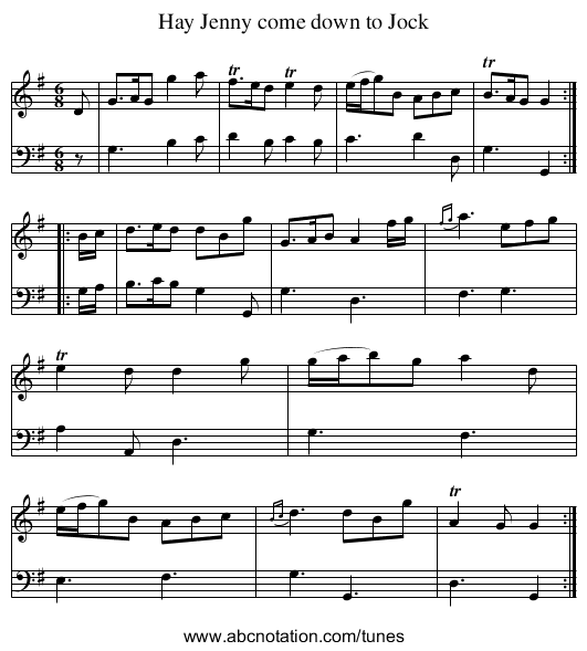 Hay Jenny come down to Jock - staff notation