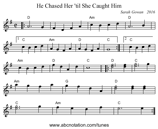 He Chased Her 'til She Caught Him - staff notation