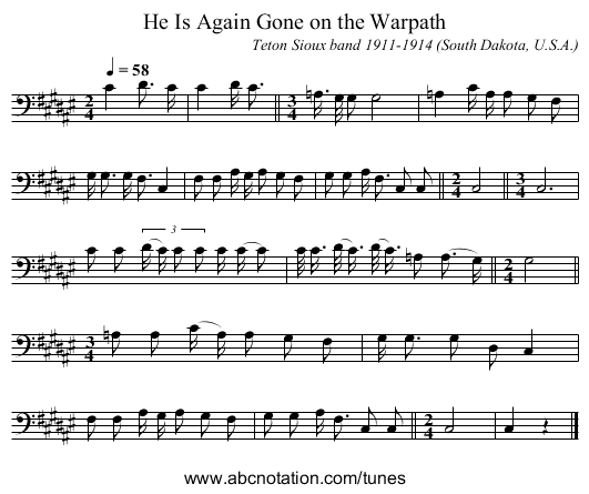 He Is Again Gone on the Warpath - staff notation