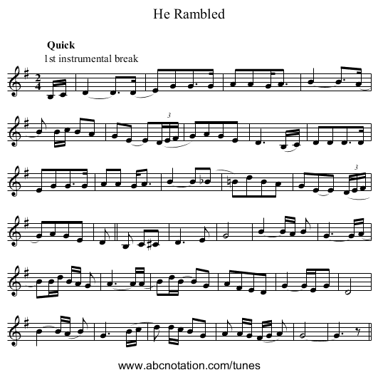 He Rambled - staff notation