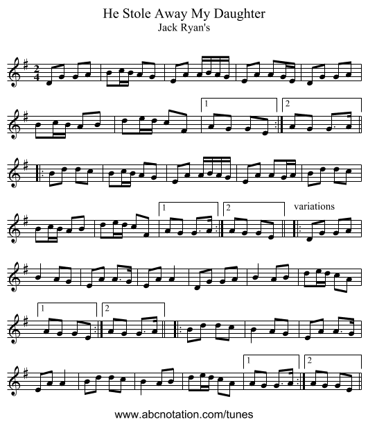 He Stole Away My Daughter - staff notation
