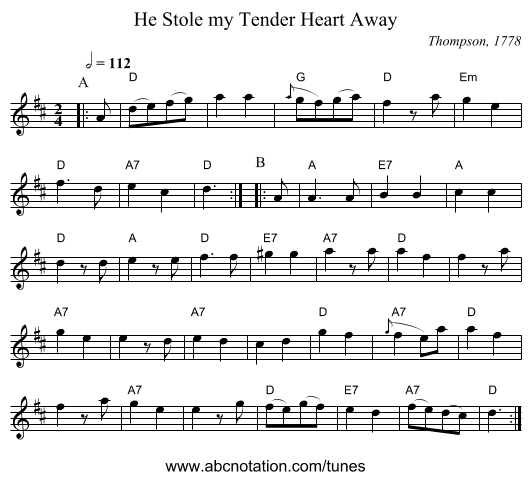 He Stole my Tender Heart Away - staff notation