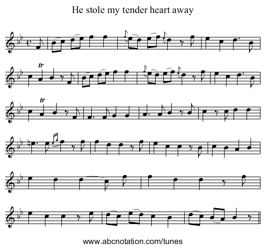 He stole my tender heart away - staff notation