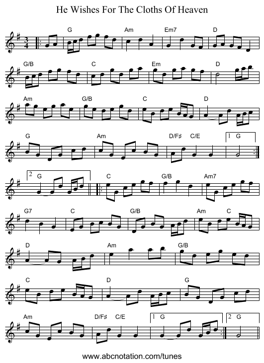 He Wishes For The Cloths Of Heaven - staff notation