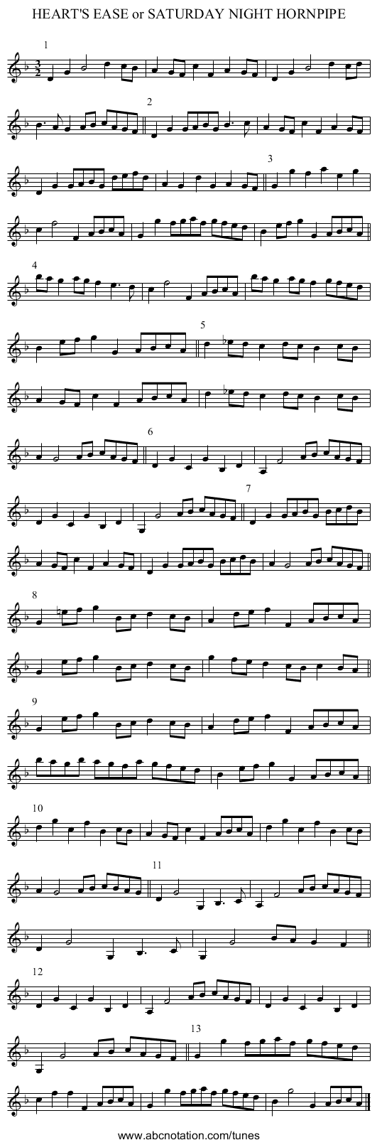 HEART'S EASE or SATURDAY NIGHT HORNPIPE - staff notation