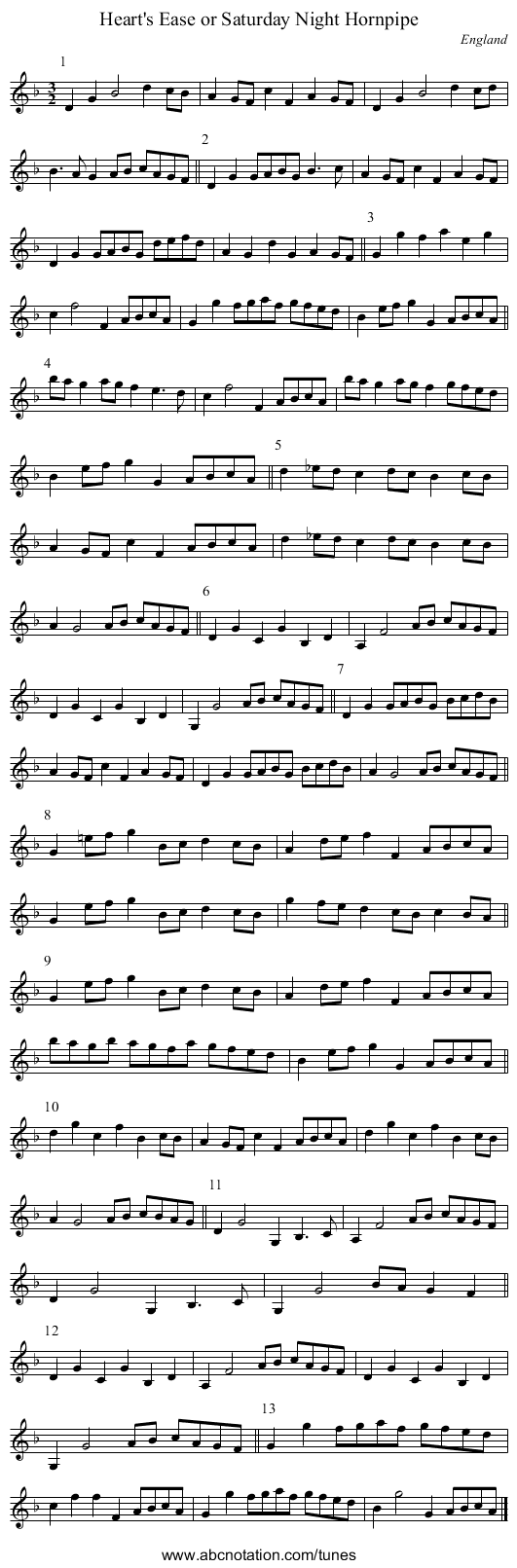 Heart's Ease or Saturday Night Hornpipe - staff notation