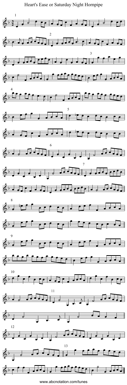 Heart's Ease or Saturday Night Hornpipe - staff notation