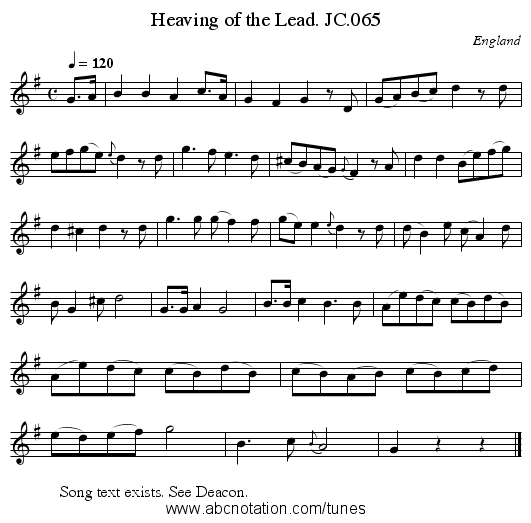 Heaving of the Lead. JC.065 - staff notation