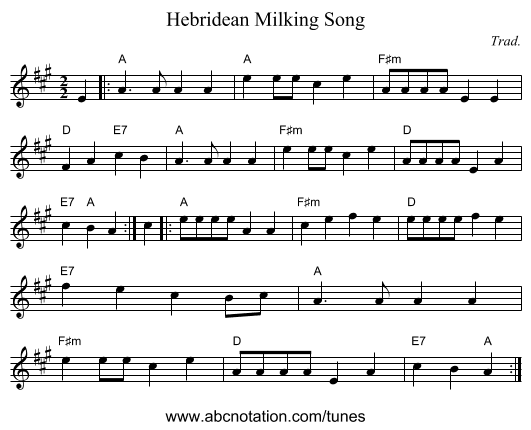 Hebridean Milking Song - staff notation