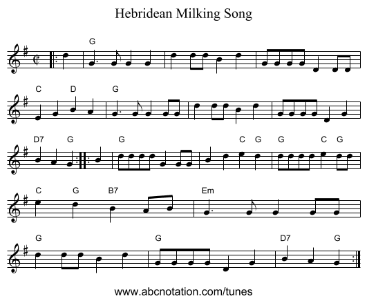 Hebridean Milking Song - staff notation