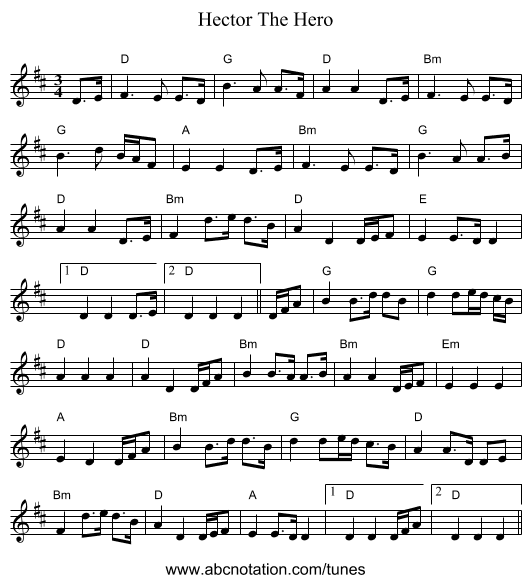 Hector The Hero - staff notation