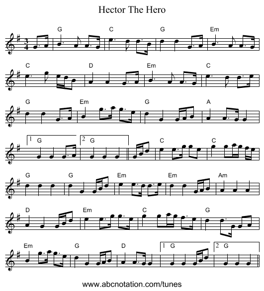 Hector The Hero - staff notation