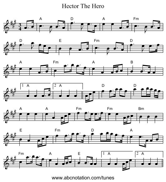 Hector The Hero - staff notation