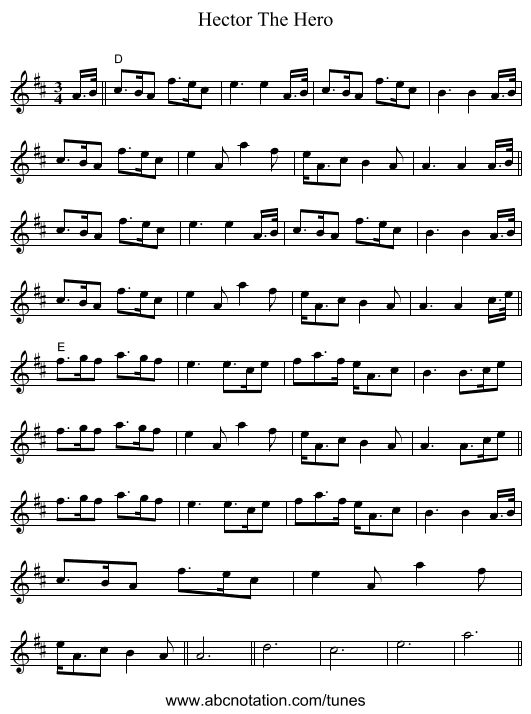 Hector The Hero - staff notation