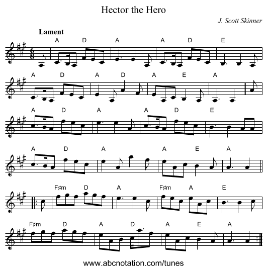 Hector the Hero - staff notation