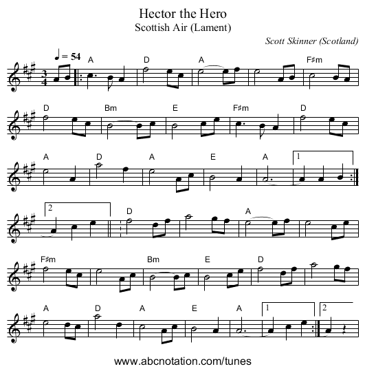 Hector the Hero - staff notation