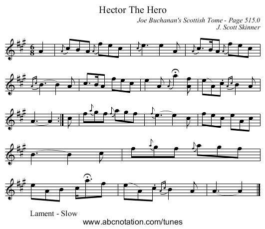 Hector The Hero - staff notation