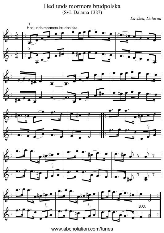 Hedlunds mormors brudpolska - staff notation
