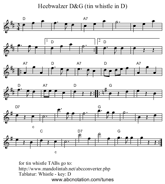 Heebwalzer D&G (tin whistle in D) - staff notation
