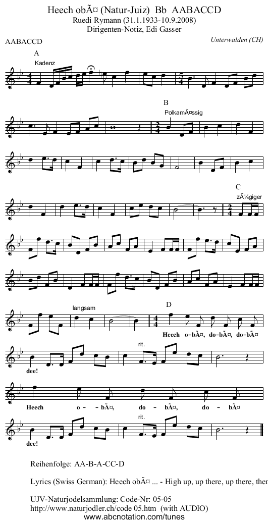Heech obÃ¤ (Natur-Juiz)  Bb  AABACCD - staff notation