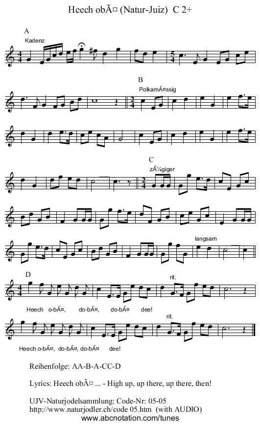 Heech obÃ¤ (Natur-Juiz)  C 2+ - staff notation