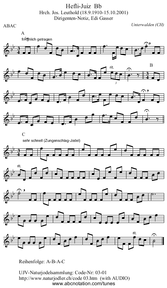 Hefli-Juiz  Bb - staff notation