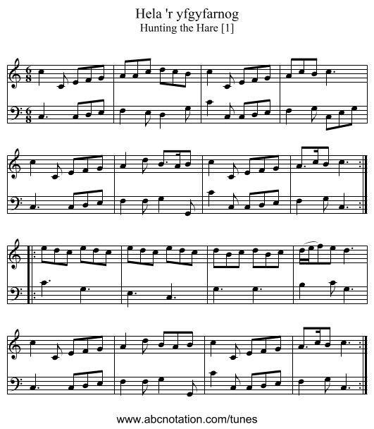 Hela 'r yfgyfarnog - staff notation
