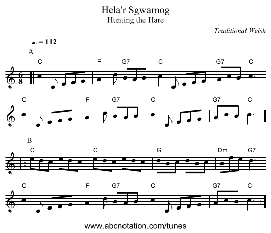 Hela'r Sgwarnog - staff notation