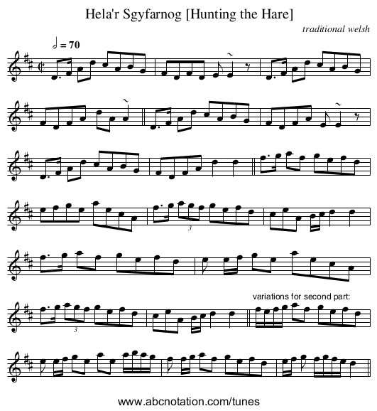 Hela'r Sgyfarnog [Hunting the Hare] - staff notation