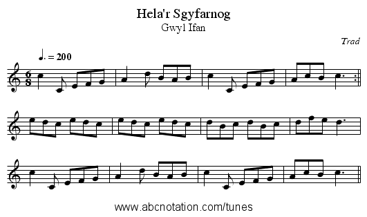 Hela'r Sgyfarnog - staff notation