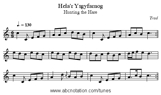 Hela'r Ysgyfarnog - staff notation