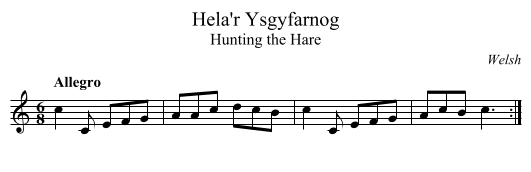 Hela'r Ysgyfarnog - staff notation