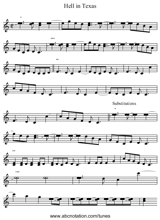 Hell in Texas - staff notation