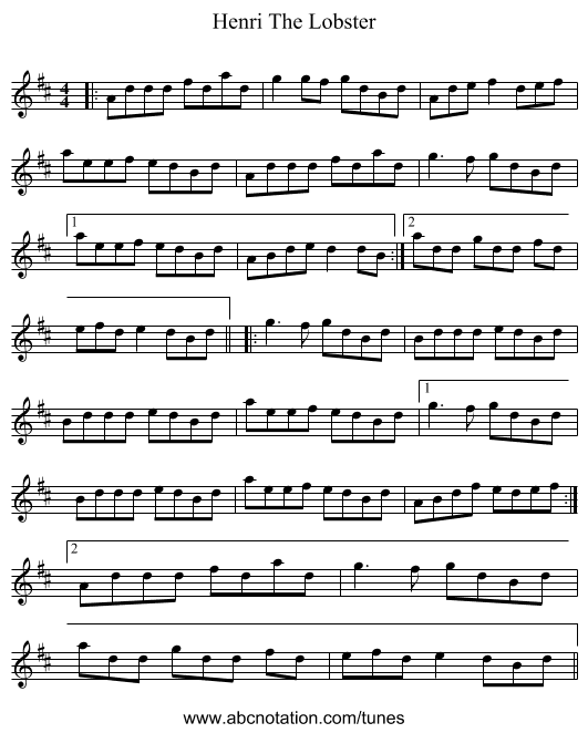 Henri The Lobster - staff notation