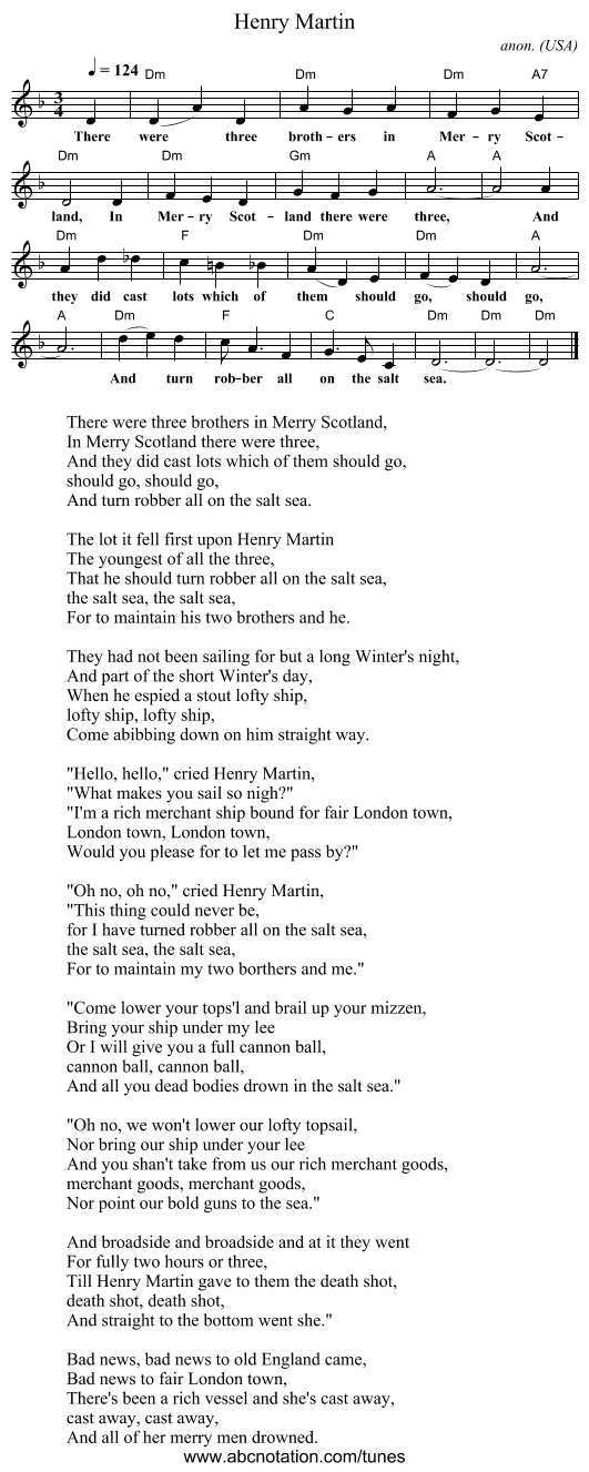 Henry Martin - staff notation