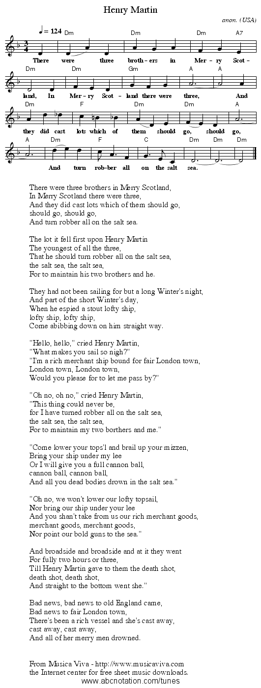 Henry Martin - staff notation