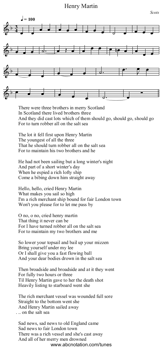 Henry Martin - staff notation
