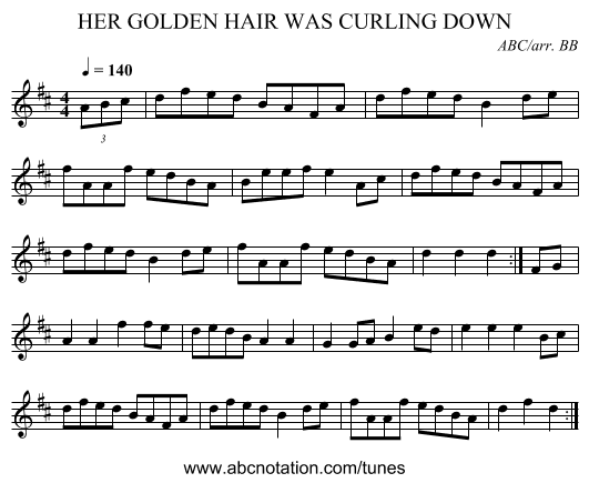 HER GOLDEN HAIR WAS CURLING DOWN - staff notation