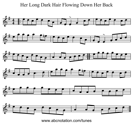 Her Long Dark Hair Flowing Down Her Back - staff notation